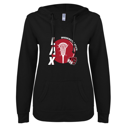  ENZA Womens Black V Notch Raw Edge Fleece Hoodie - Lacrosse with Ball and Stick - BSU