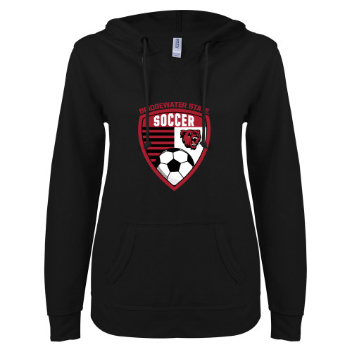  ENZA Womens Black V Notch Raw Edge Fleece Hoodie - Soccer with Crest - BSU