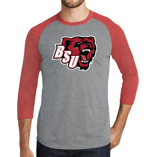  Grey/Red Heather Triblend Baseball Raglan Tee - BSU w/ Bear Head