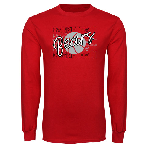  Red Long Sleeve T Shirt - Basketball Repeating with Bears Script - BSU