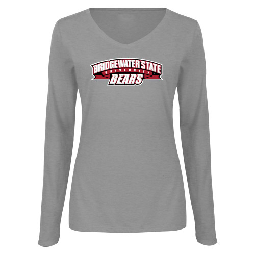  Womens Grey Long Sleeve V Neck Tee  - Bridgewater State Bears Wordmark