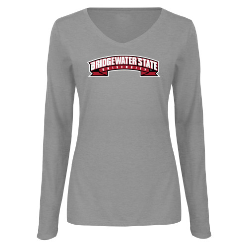  Womens Grey Long Sleeve V Neck Tee  - Bridgewater State Wordmark