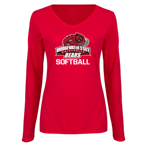  Womens Red Long Sleeve V Neck Tee - Softball - Bridgewater State