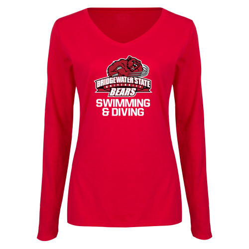  Womens Red Long Sleeve V Neck Tee - Swimming and Diving - Bridgewater State