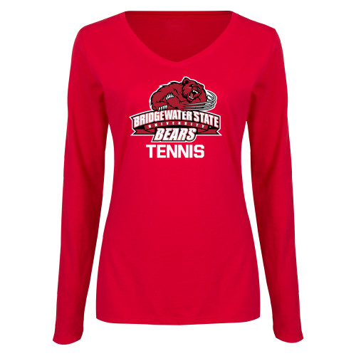  Womens Red Long Sleeve V Neck Tee - Tennis - Bridgewater State