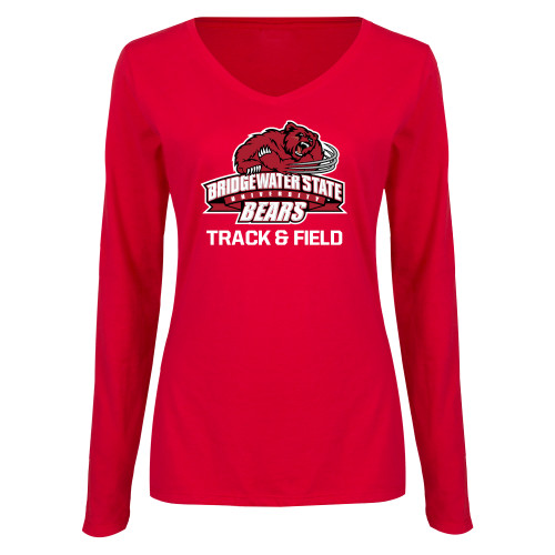  Womens Red Long Sleeve V Neck Tee - Track and Field - Bridgewater State