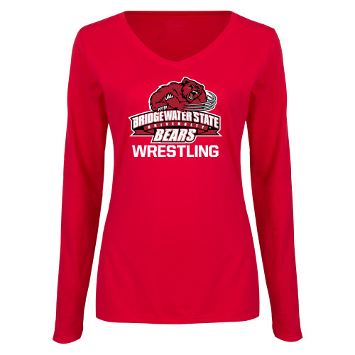  Womens Red Long Sleeve V Neck Tee - Wrestling - Bridgewater State