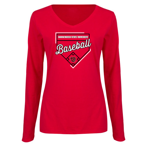  Womens Red Long Sleeve V Neck Tee - Baseball with Field Outline - BSU