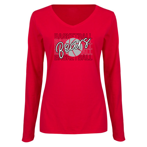  Womens Red Long Sleeve V Neck Tee - Basketball Repeating with Bears Script - BSU