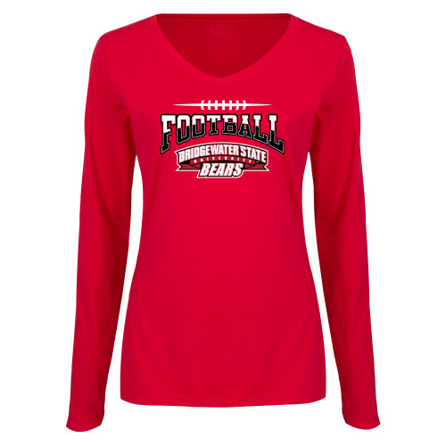  Womens Red Long Sleeve V Neck Tee - Football Arched with Threads - BSU