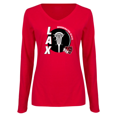  Womens Red Long Sleeve V Neck Tee - Lacrosse with Ball and Stick - BSU