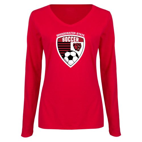  Womens Red Long Sleeve V Neck Tee - Soccer with Crest - BSU