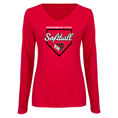  Womens Red Long Sleeve V Neck Tee - Softball with Homeplate Outline - BSU