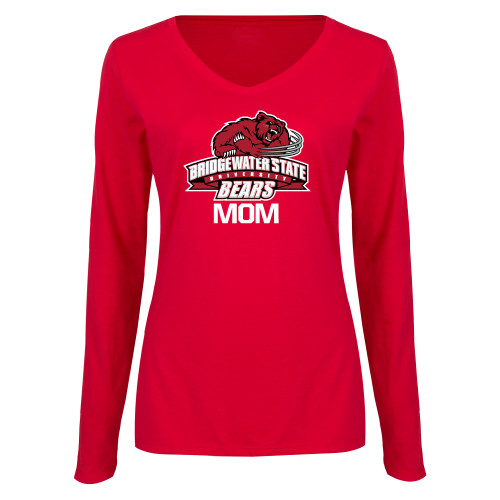  Womens Red Long Sleeve V Neck Tee - Mom - Bridgewater State