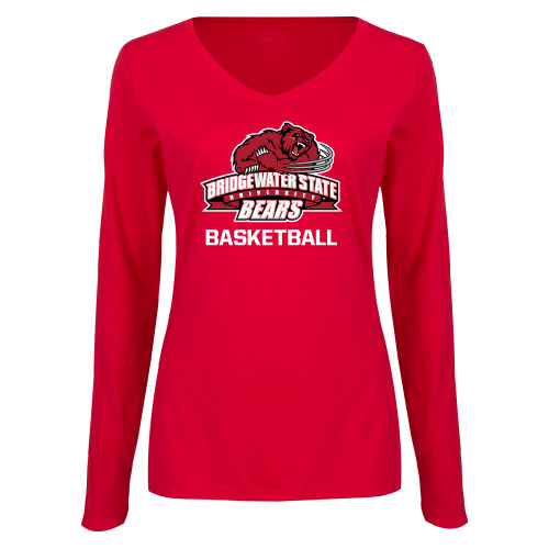  Womens Red Long Sleeve V Neck Tee - Basketball - Bridgewater State