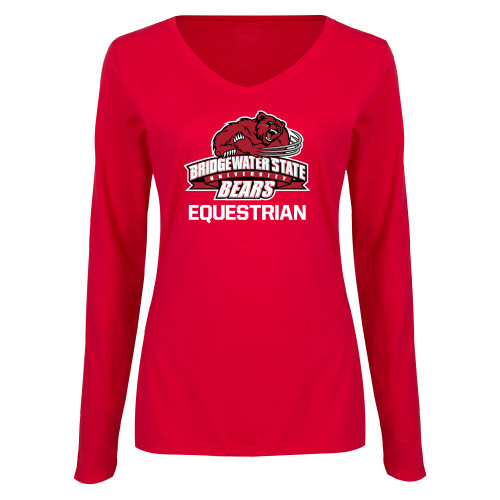  Womens Red Long Sleeve V Neck Tee - Equestrian - Bridgewater State