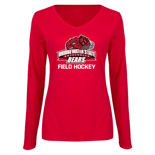  Womens Red Long Sleeve V Neck Tee - Field Hockey - Bridgewater State