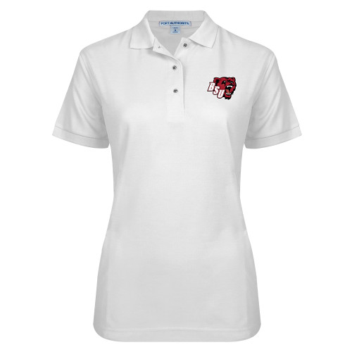  Womens Silk Touch White Pique Polo - BSU Bear Head