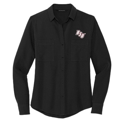  Mercer + Mettle Womens Black Crepe Long Sleeve Camp Blouse - BSU Diagonal Wordmark