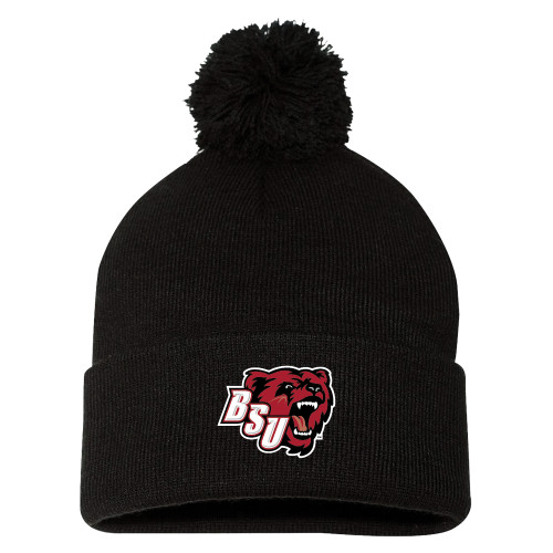  Sportsman Black Pom Pom Cuffed Beanie - BSU Bear Head