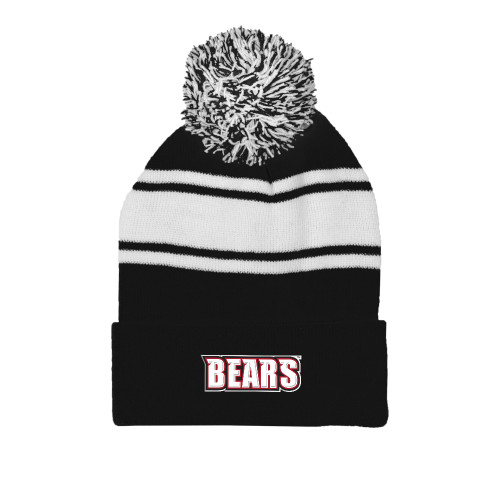  Black/White Two Tone Knit Pom Beanie w/Cuff - BSU Bears Wordmark