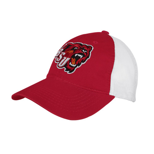  Red/White Mesh Back Unstructured Low Profile Hat - BSU w/ Bear Head