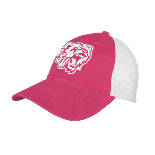  Fuchsia/White Mesh Back Unstructured Low Profile Hat - BSU w/ Bear Head