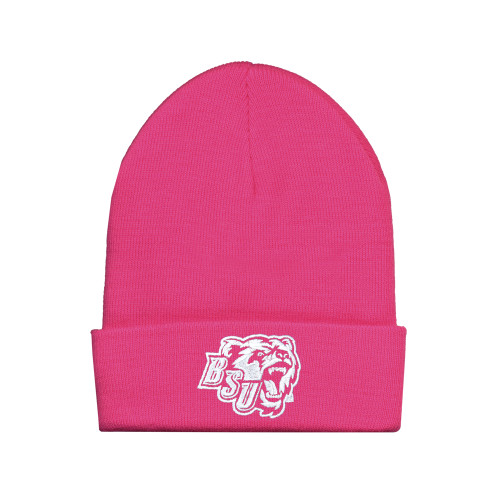  Fleece Lined Neon Pink Knit Beanie - BSU w/ Bear Head