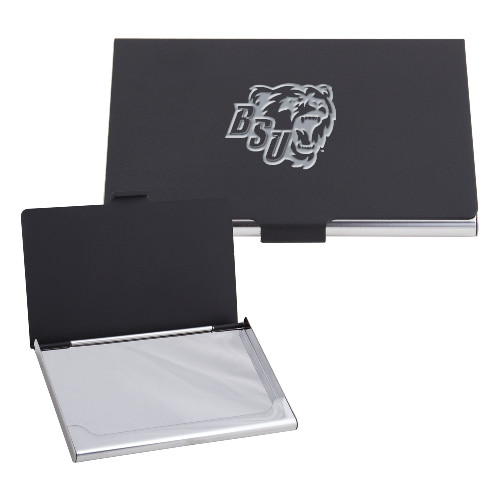  Black Metal Business Card Case - BSU w/ Bear Head Engraved