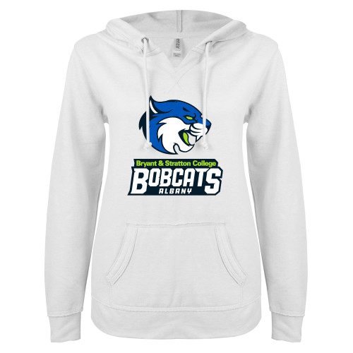 ENZA Womens White V Notch Raw Edge Fleece Hoodie - B&SC Bobcats Albany