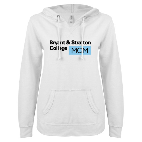  ENZA Womens White V Notch Raw Edge Fleece Hoodie - B&SC Mom