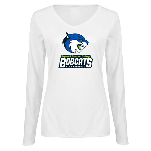  Womens White Long Sleeve V Neck Tee  - B&SC Bobcats Flag Football