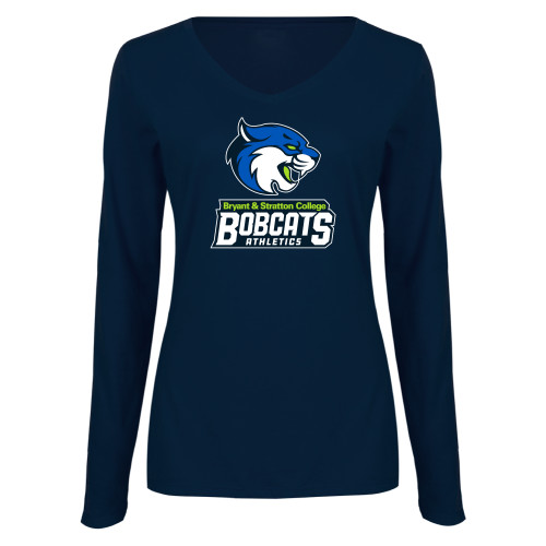  Womens Navy Long Sleeve V Neck Tee  - B&SC Bobcats Athletics
