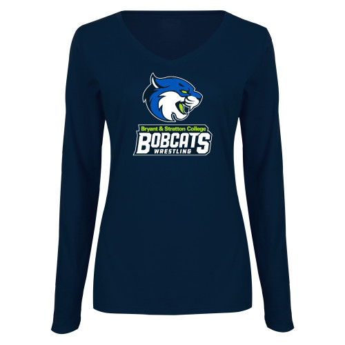  Womens Navy Long Sleeve V Neck Tee  - B&SC Bobcats Wrestling