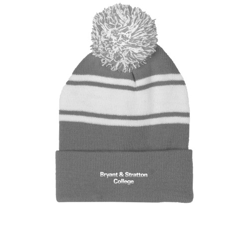  Grey/White Two Tone Knit Pom Beanie w/Cuff - B&SC Institutional Two Line Centered