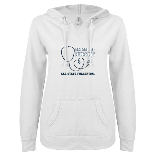  ENZA Womens White V Notch Raw Edge Fleece Hoodie - CSF School of Nursing Stethoscope