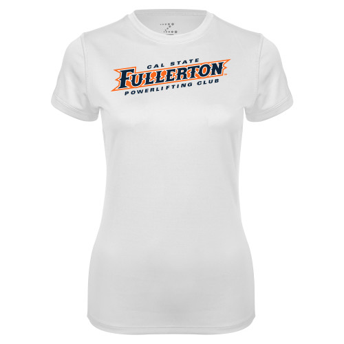  Womens White Performance Tee - Powerlifting Club - Cal State Fullerton