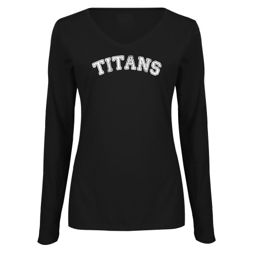  Womens Black Long Sleeve V Neck Tee  - Titans Distressed Arch
