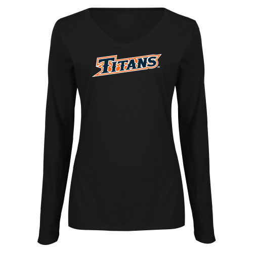  Womens Black Long Sleeve V Neck Tee  - CSUF Titans Athletic Mark