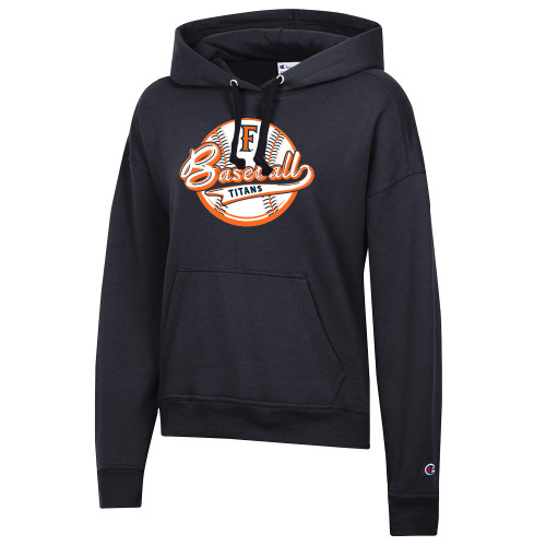  Champion Womens Black Powerblend Pullover Hood - Script over Baseball