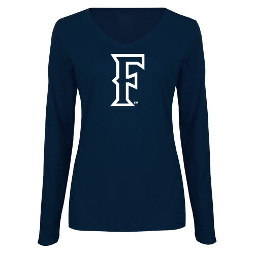  Womens Navy Long Sleeve V Neck Tee  - CSUF Athletic Mark