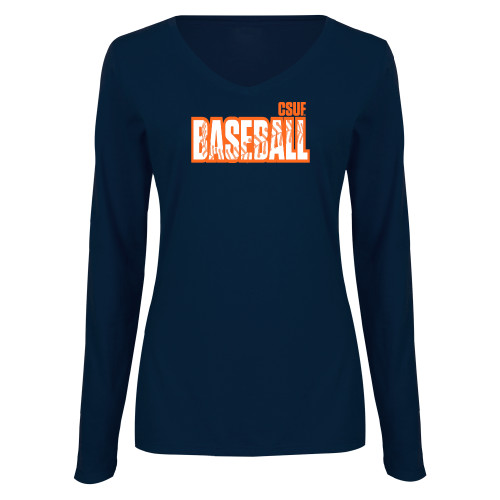  Womens Navy Long Sleeve V Neck Tee  - Baseball with Thread Silhouette