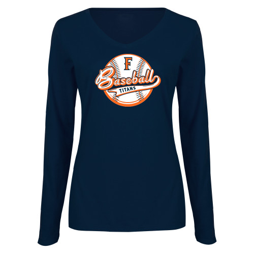  Womens Navy Long Sleeve V Neck Tee  - Script over Baseball