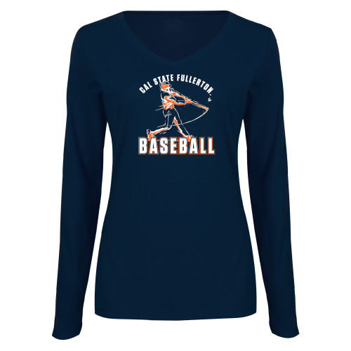  Womens Navy Long Sleeve V Neck Tee  - Player Swinging Bat