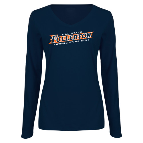  Womens Navy Long Sleeve V Neck Tee  - Powerlifting Club - Cal State Fullerton