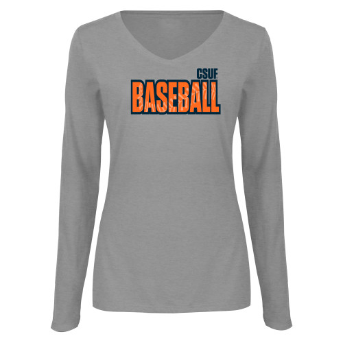  Womens Grey Long Sleeve V Neck Tee  - Baseball with Thread Silhouette