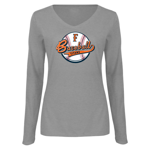  Womens Grey Long Sleeve V Neck Tee  - Script over Baseball