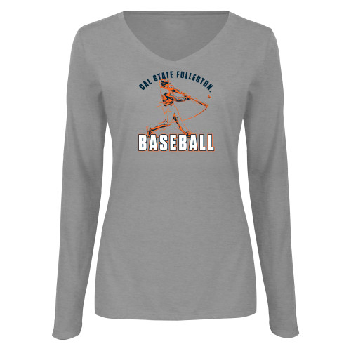  Womens Grey Long Sleeve V Neck Tee  - Player Swinging Bat