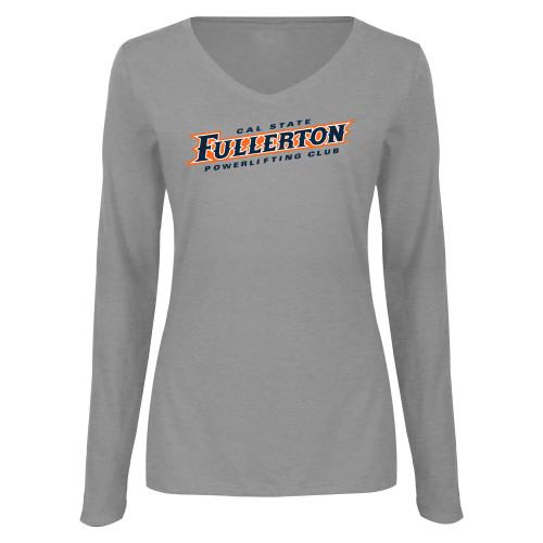  Womens Grey Long Sleeve V Neck Tee  - Powerlifting Club - Cal State Fullerton