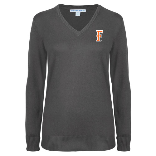  Womens Charcoal Heather VNeck Sweater  - CSUF Athletic Mark
